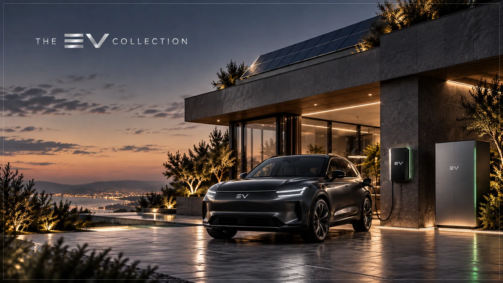 A modern home at dusk with solar panels, a home battery and an electric car charging