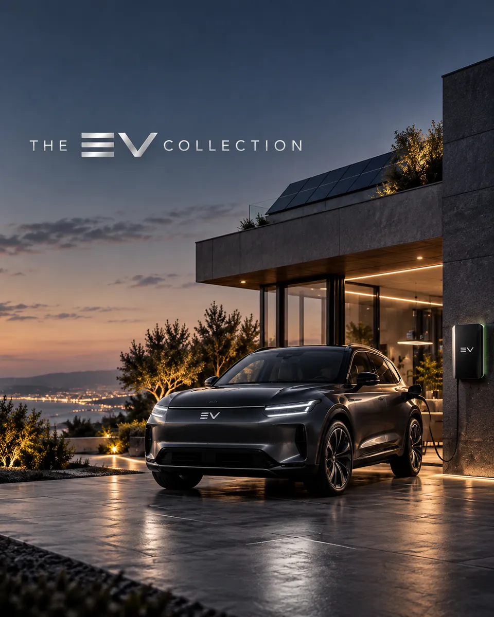 An electric SUV parked outside a modern villa at twilight